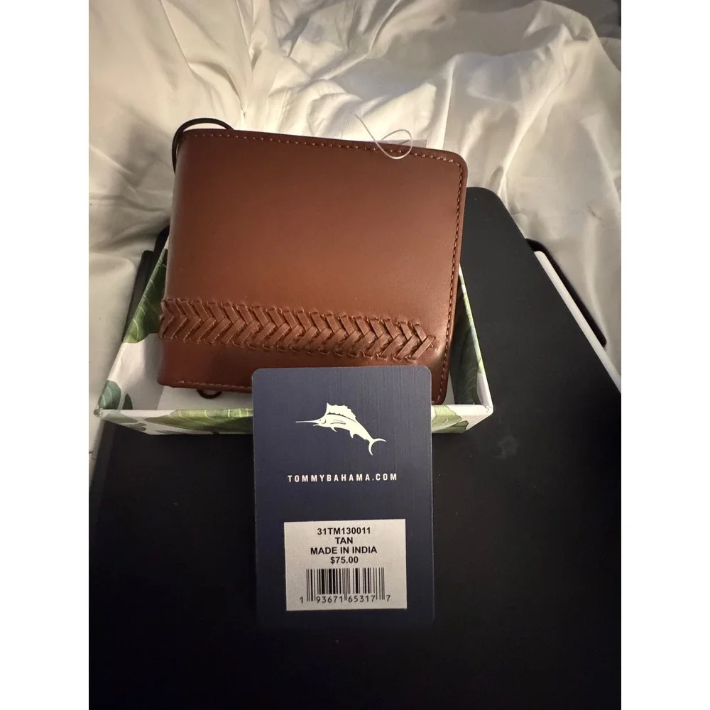 Tommy Bahama Tan Leather Wallet with Braided Detail New With Box